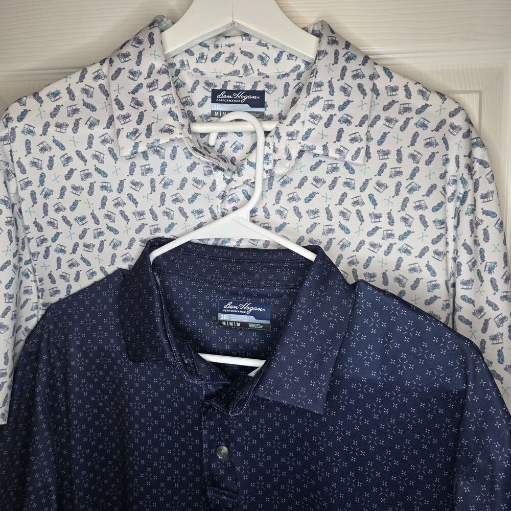 BUNDLE of 2 Ben Hogan Polo Shirt Mens Medium Blue and White Performance Stretch